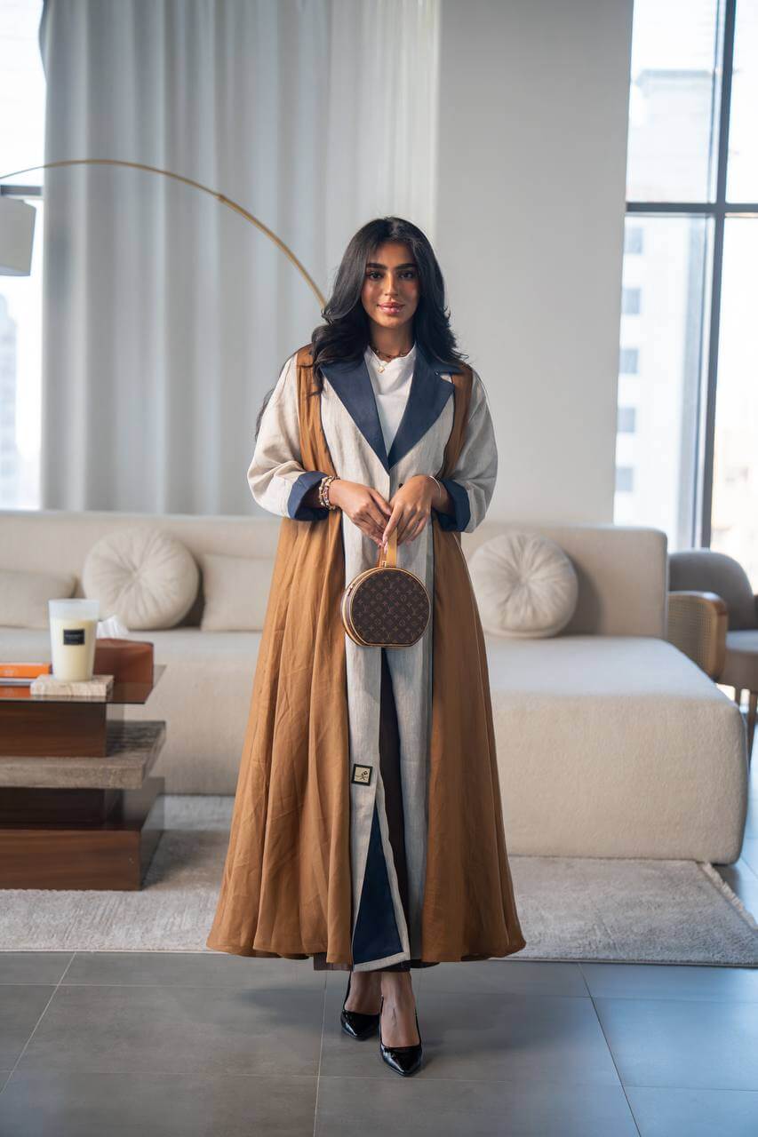 Beige and camel linen abaya