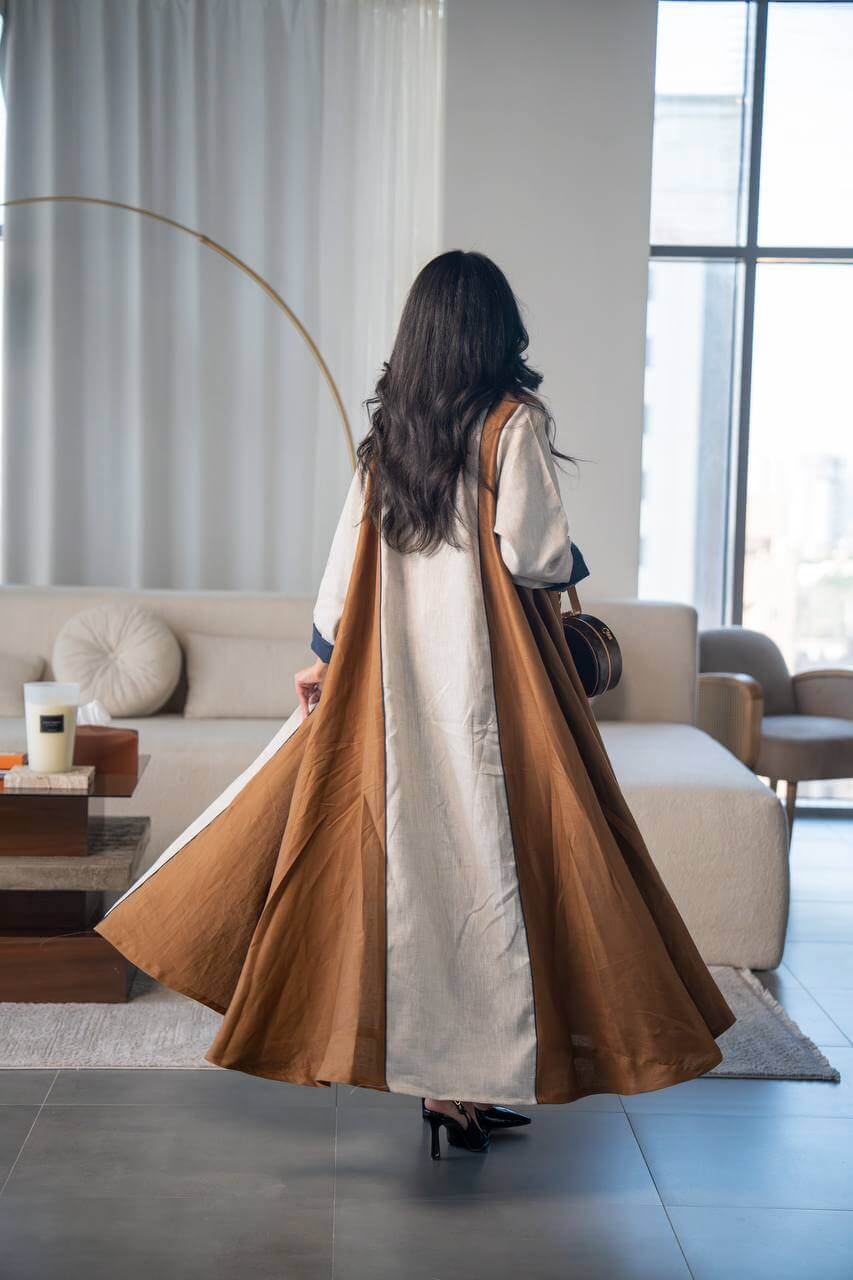 Beige and camel linen abaya