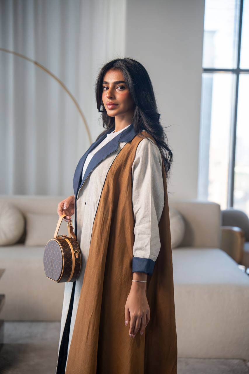 Beige and camel linen abaya