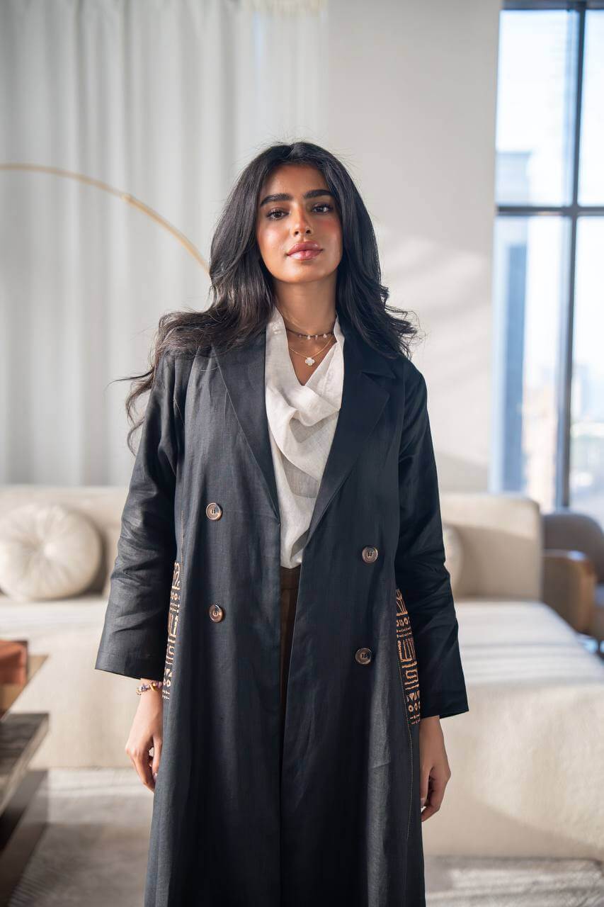 Black Linen Blazer abaya with embroidery