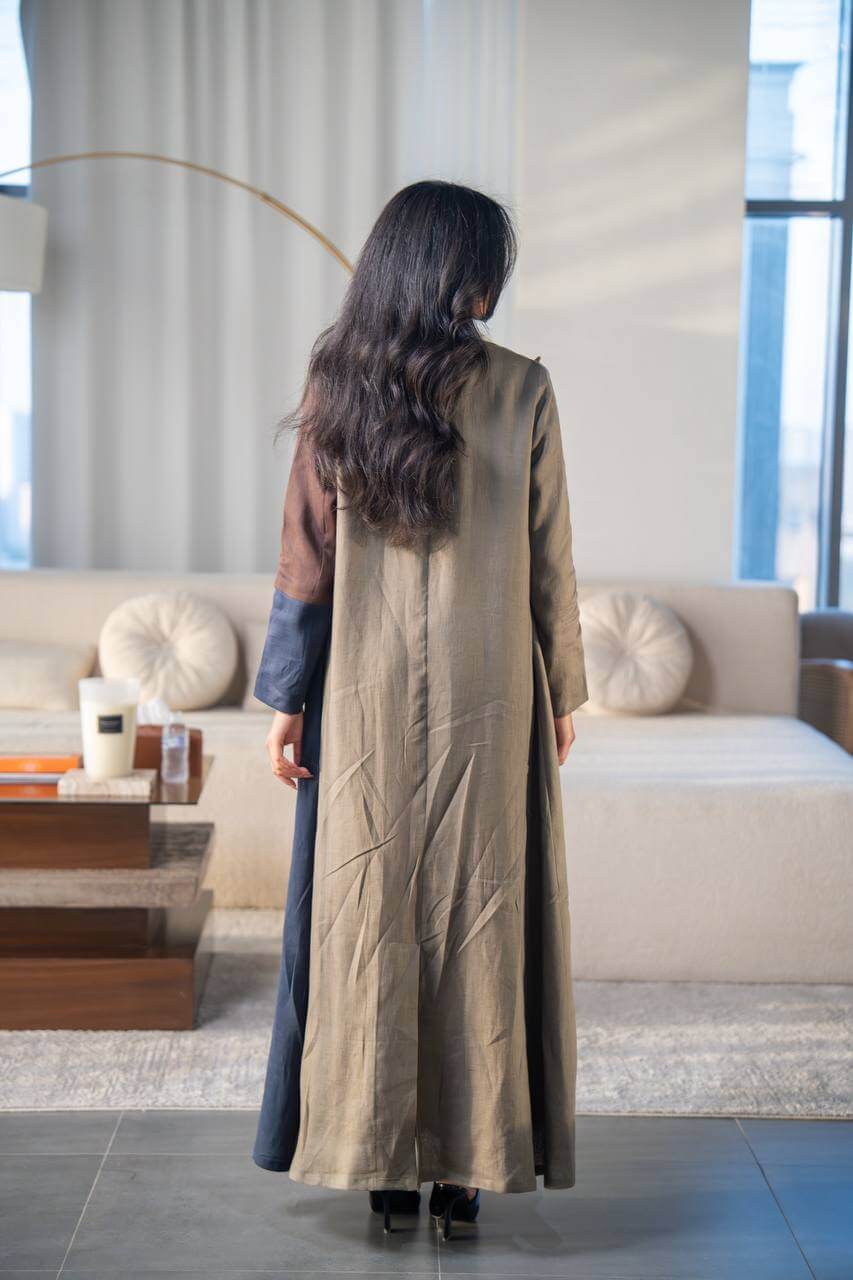Pistachio and navy blue linen Blazer abaya