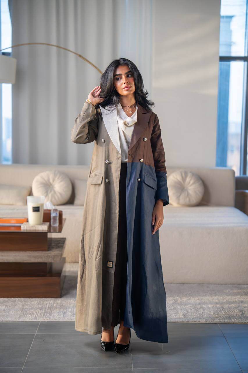 Pistachio and navy blue linen Blazer abaya