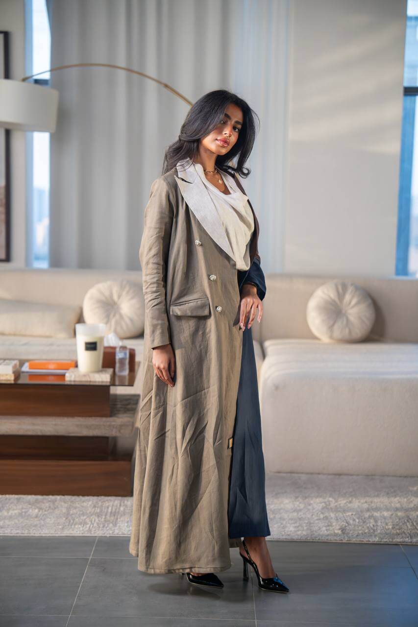 Pistachio and navy blue linen Blazer abaya