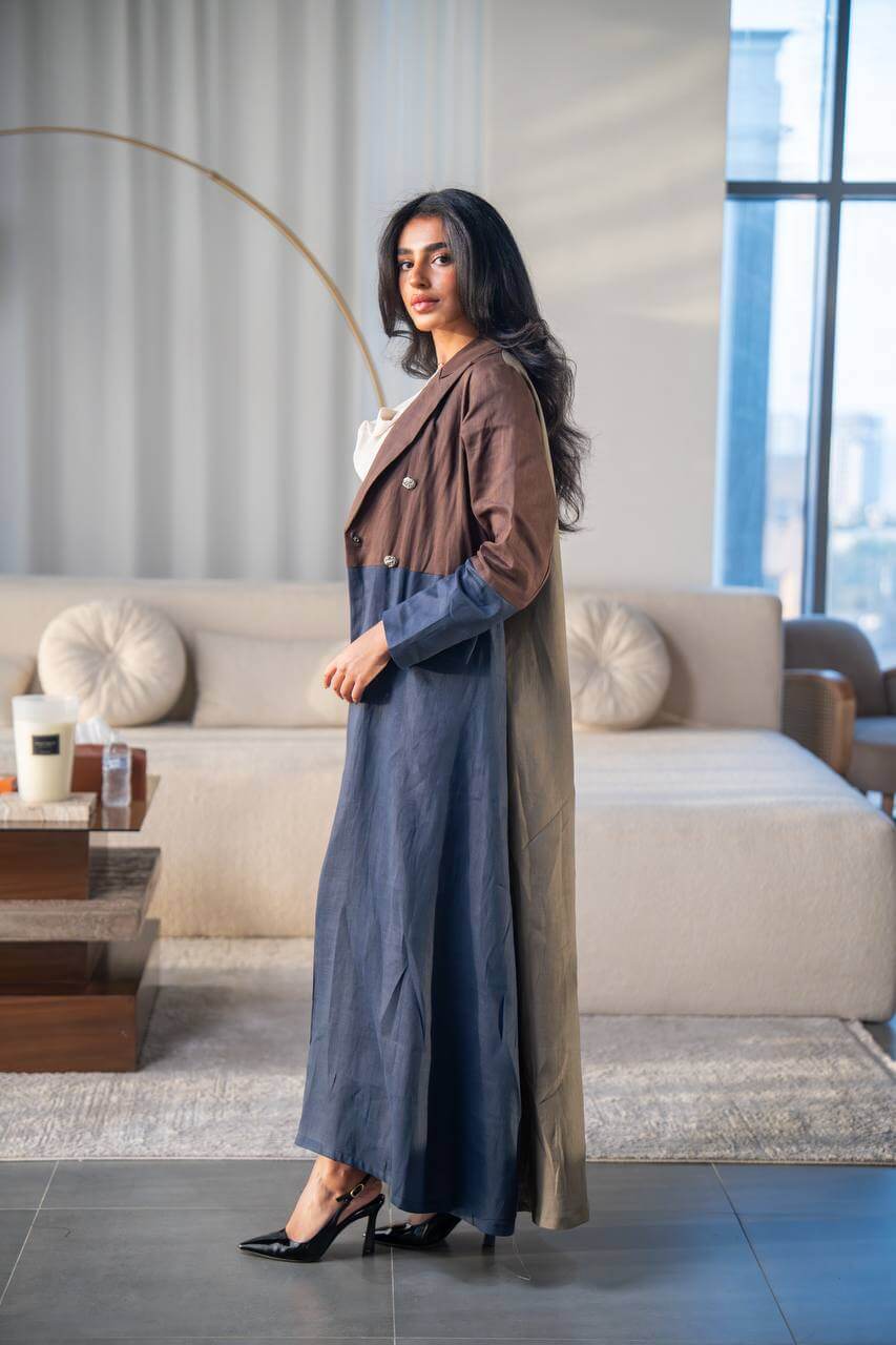 Pistachio and navy blue linen Blazer abaya