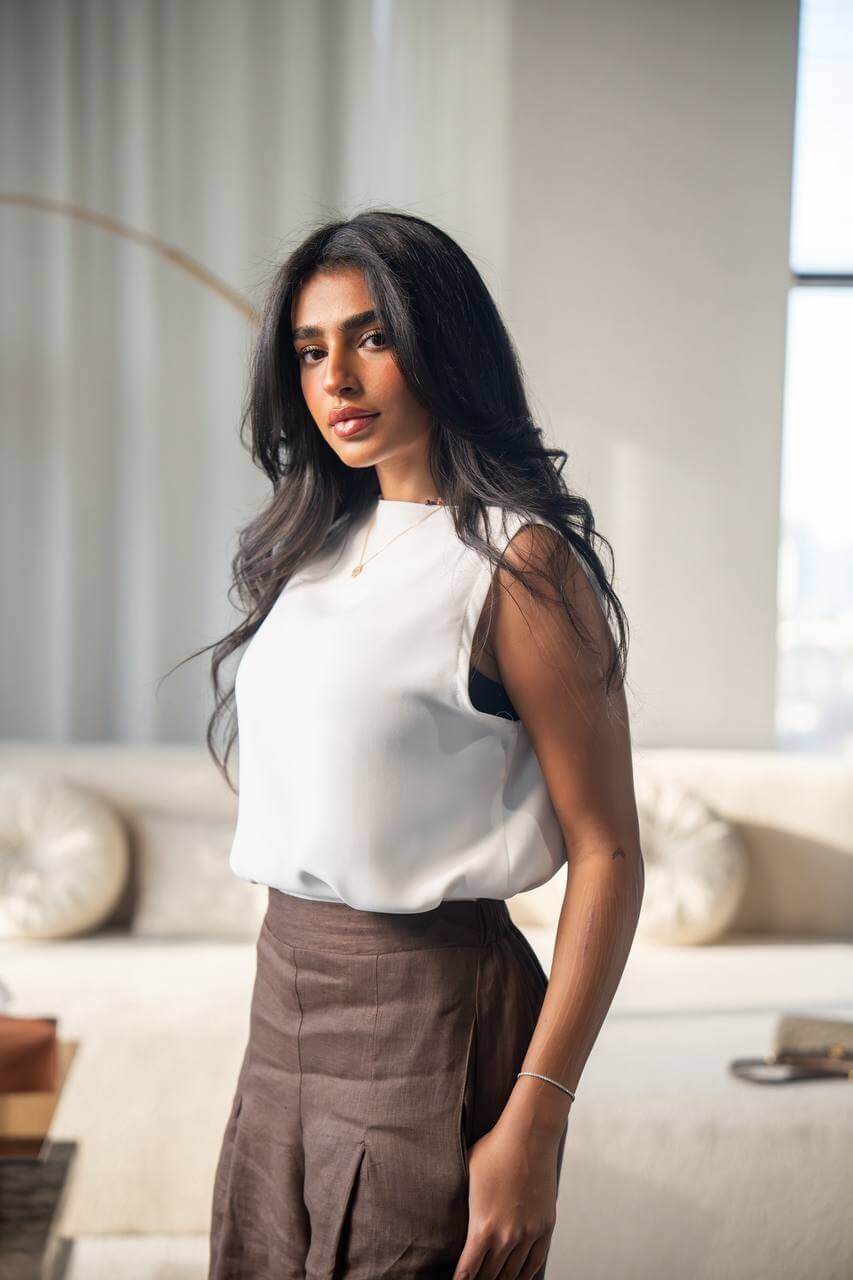 White crepe blouse set with brown linen pants