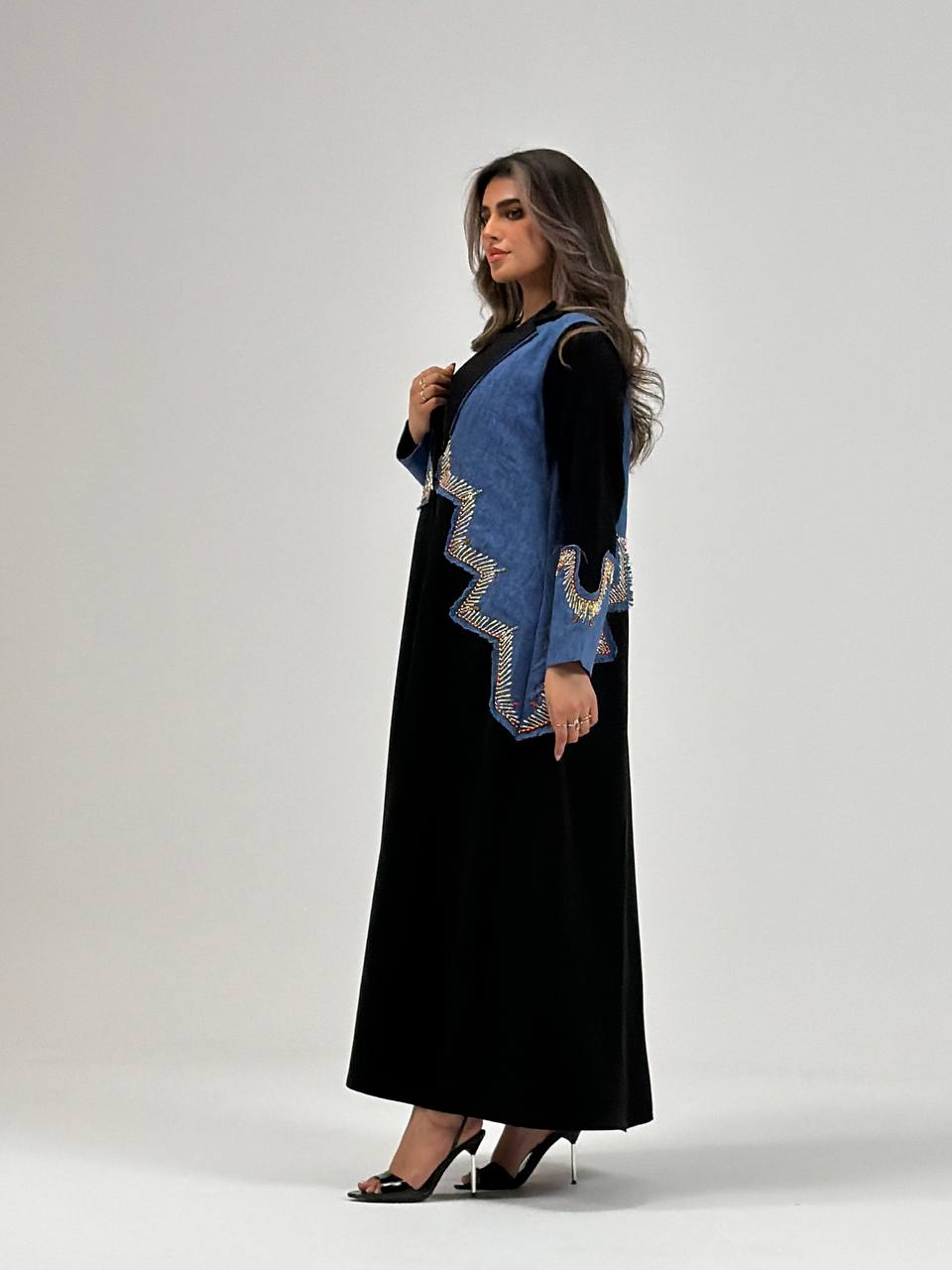Black crepe blazer abaya with hand-stitched detail
