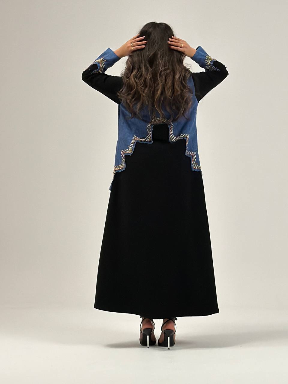 Black crepe blazer abaya with hand-stitched detail