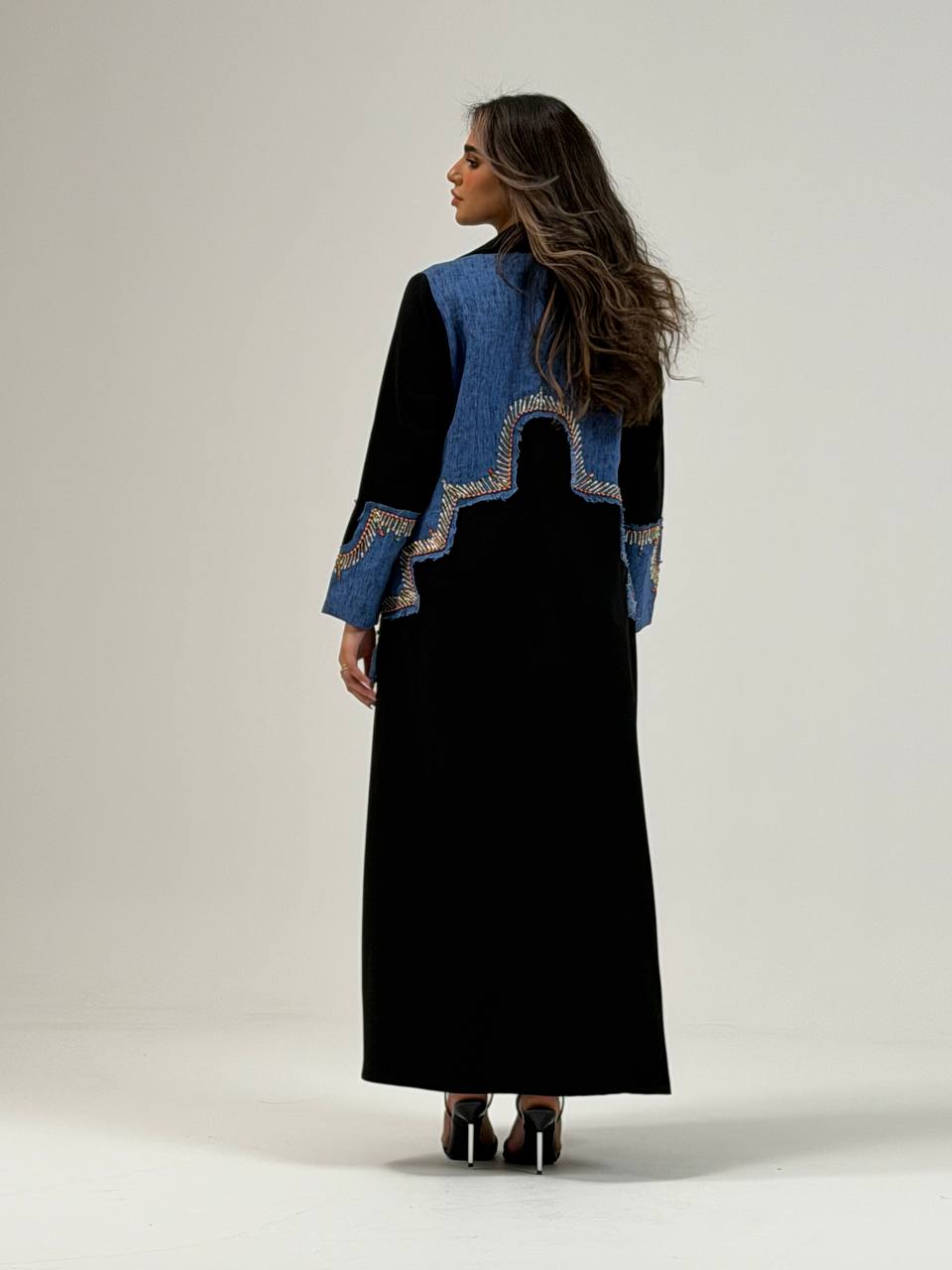 Black crepe blazer abaya with hand-stitched detail