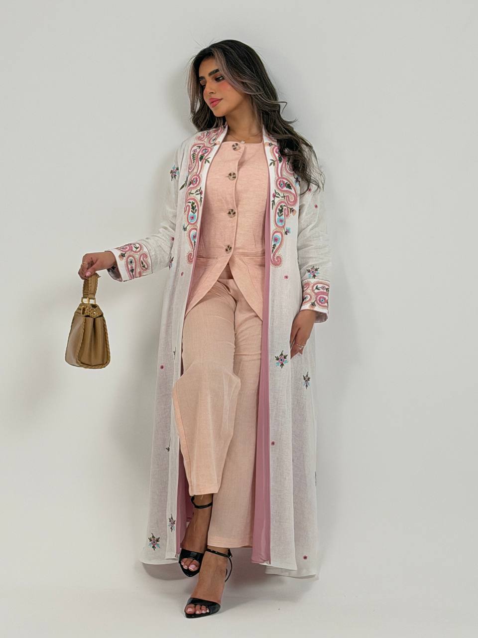 Linen abaya in light beige with embroidery