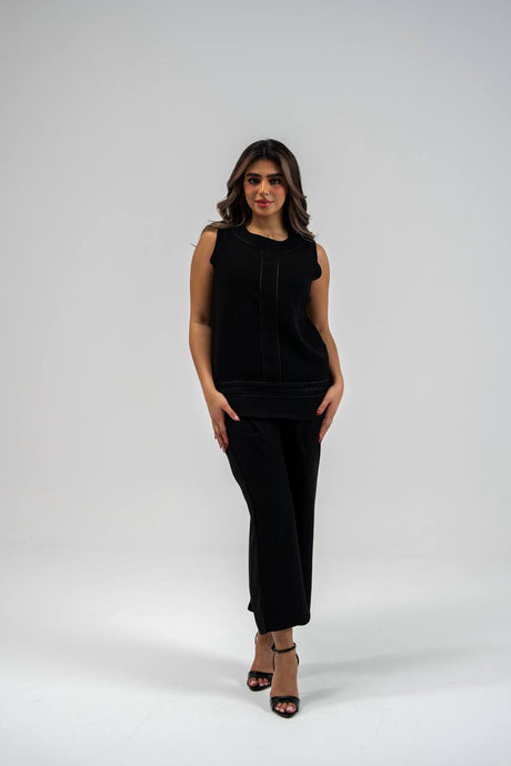 Blouse and pants set, black crepe
