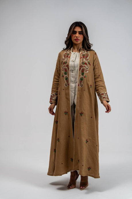 Beige linen abaya with embroidery