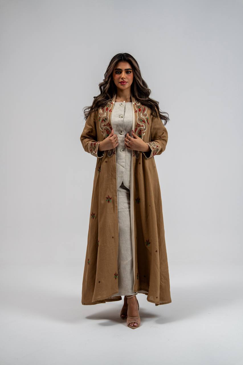 Beige linen abaya with embroidery