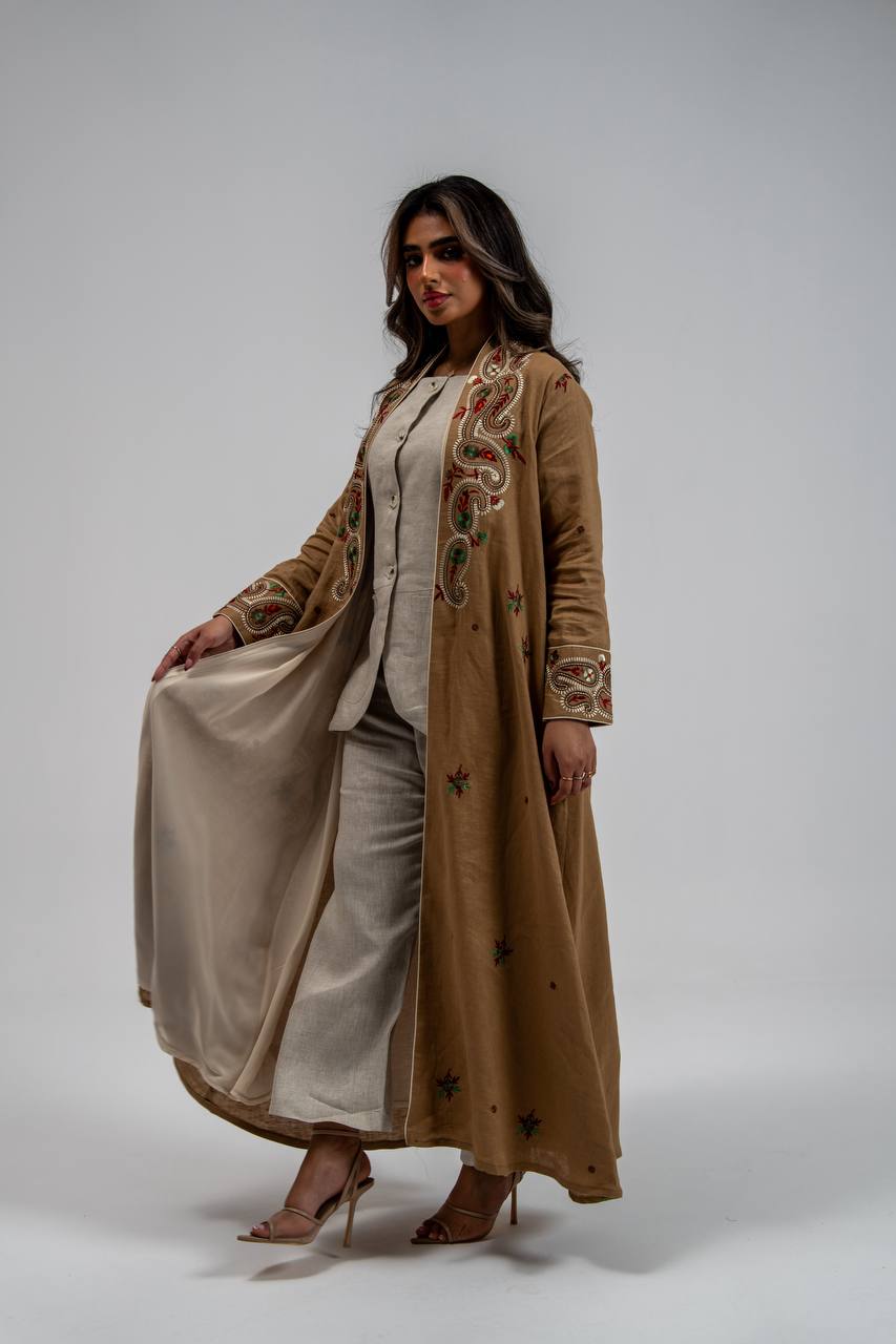 Beige linen abaya with embroidery