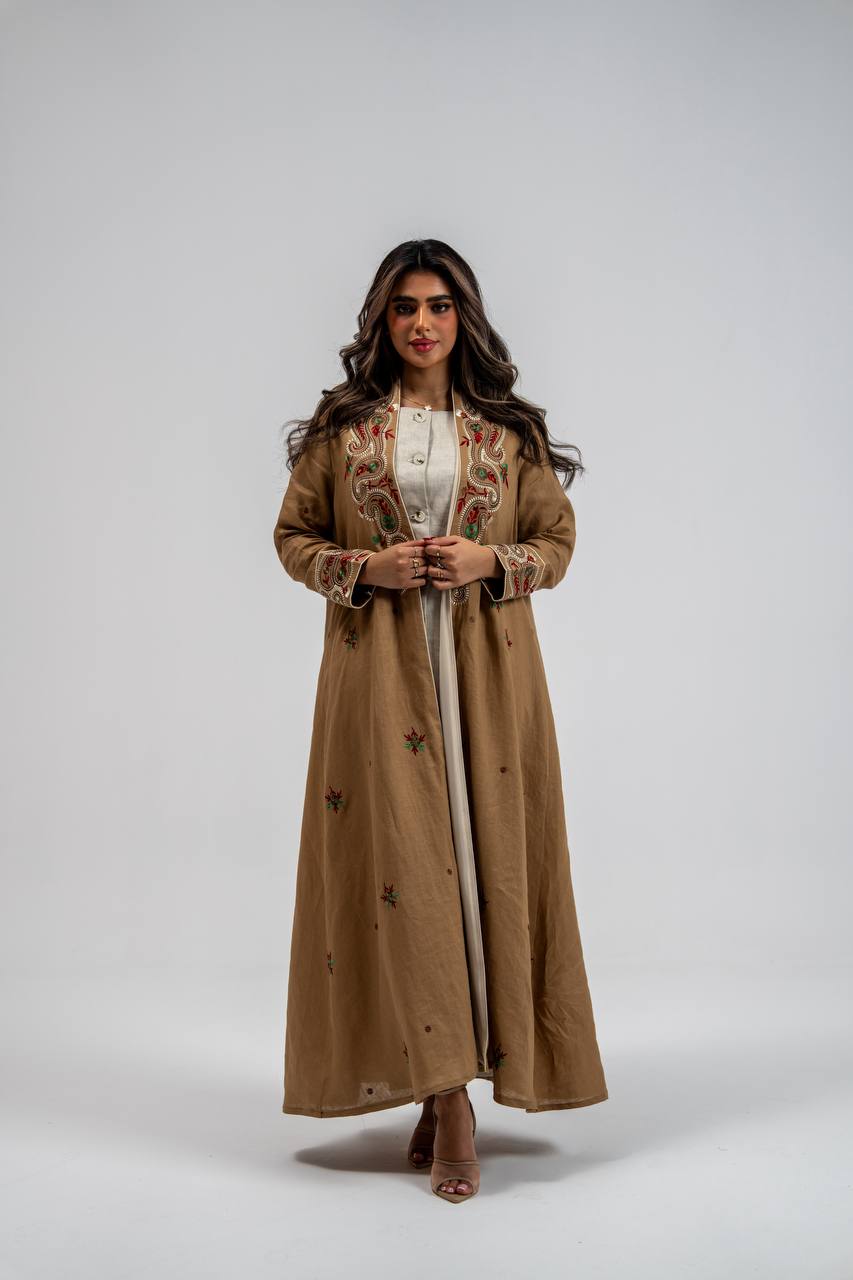 Beige linen abaya with embroidery
