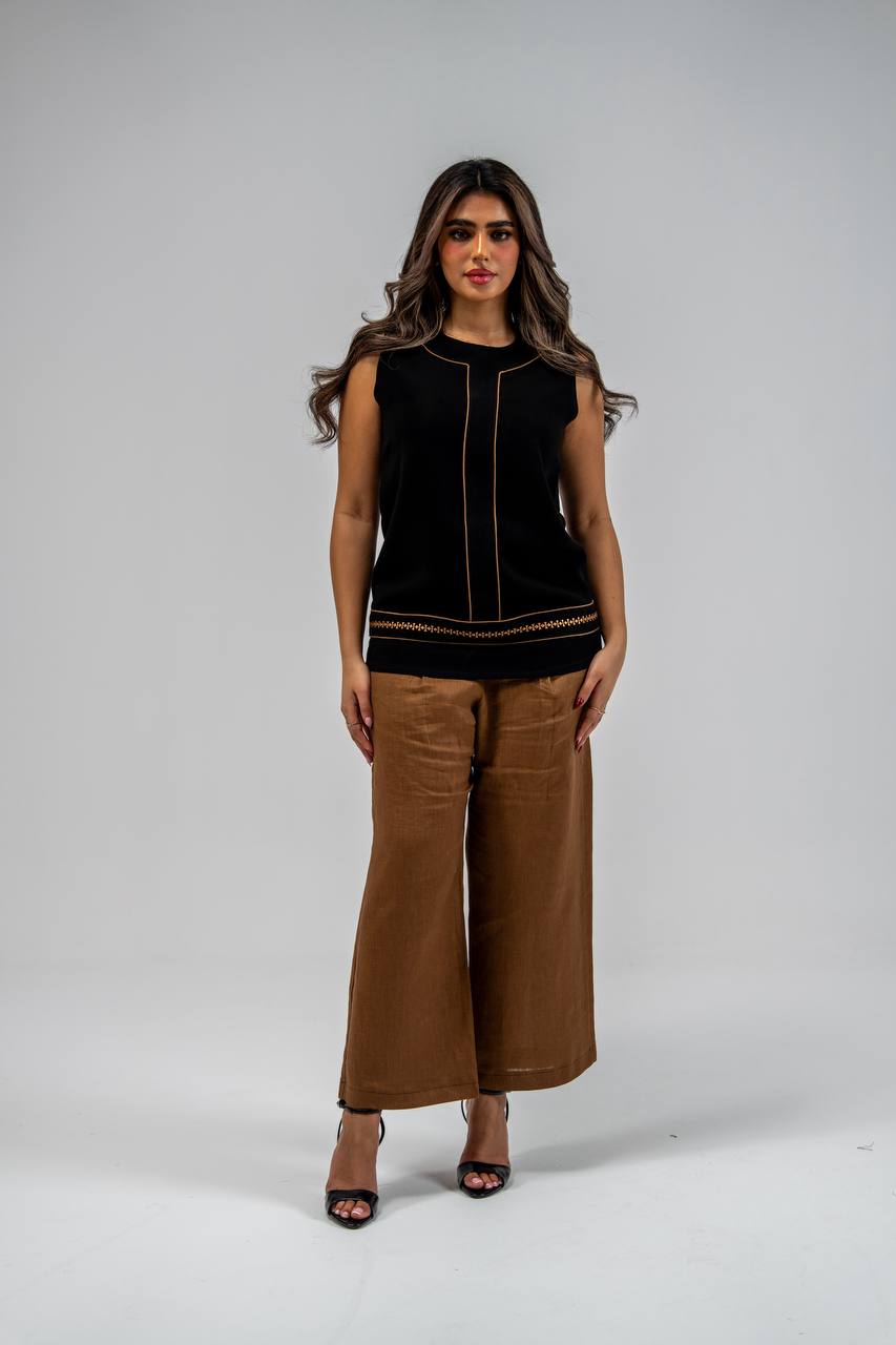 Black blouse and camel-colored pants set