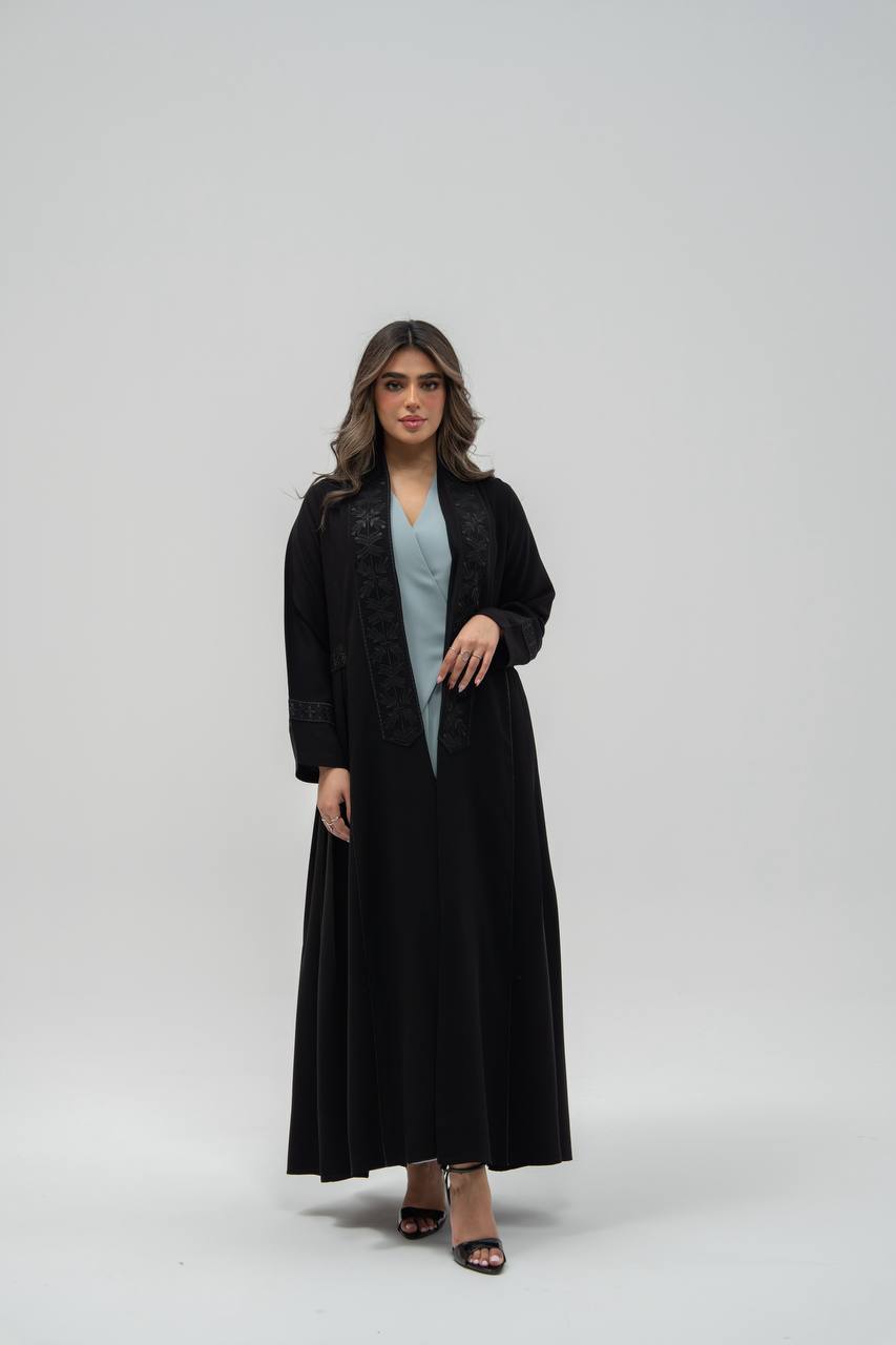 Black crepe abaya with hand-stitched details