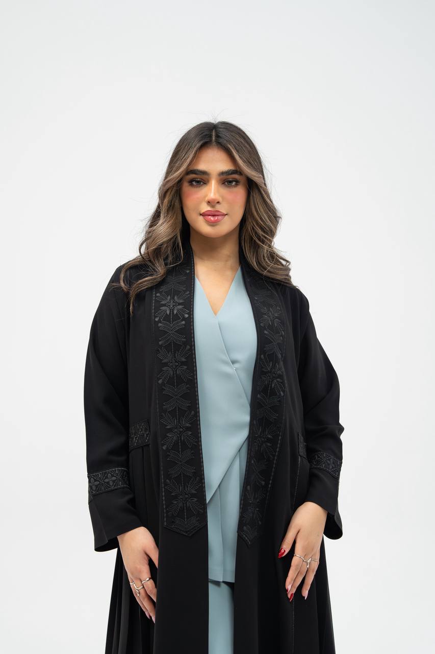 Black crepe abaya with hand-stitched details