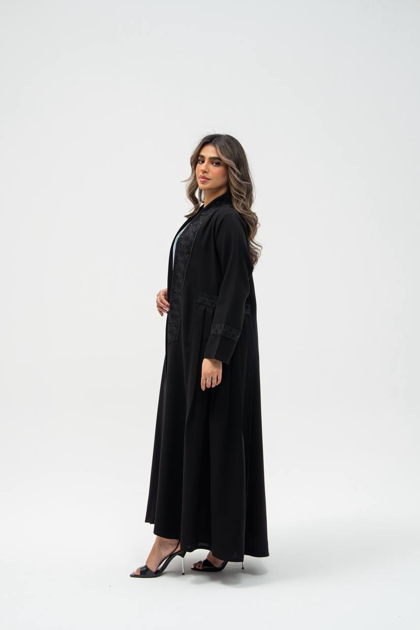 Black crepe abaya with hand-stitched details