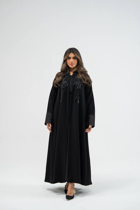 Black crepe abaya with hand-stitched details