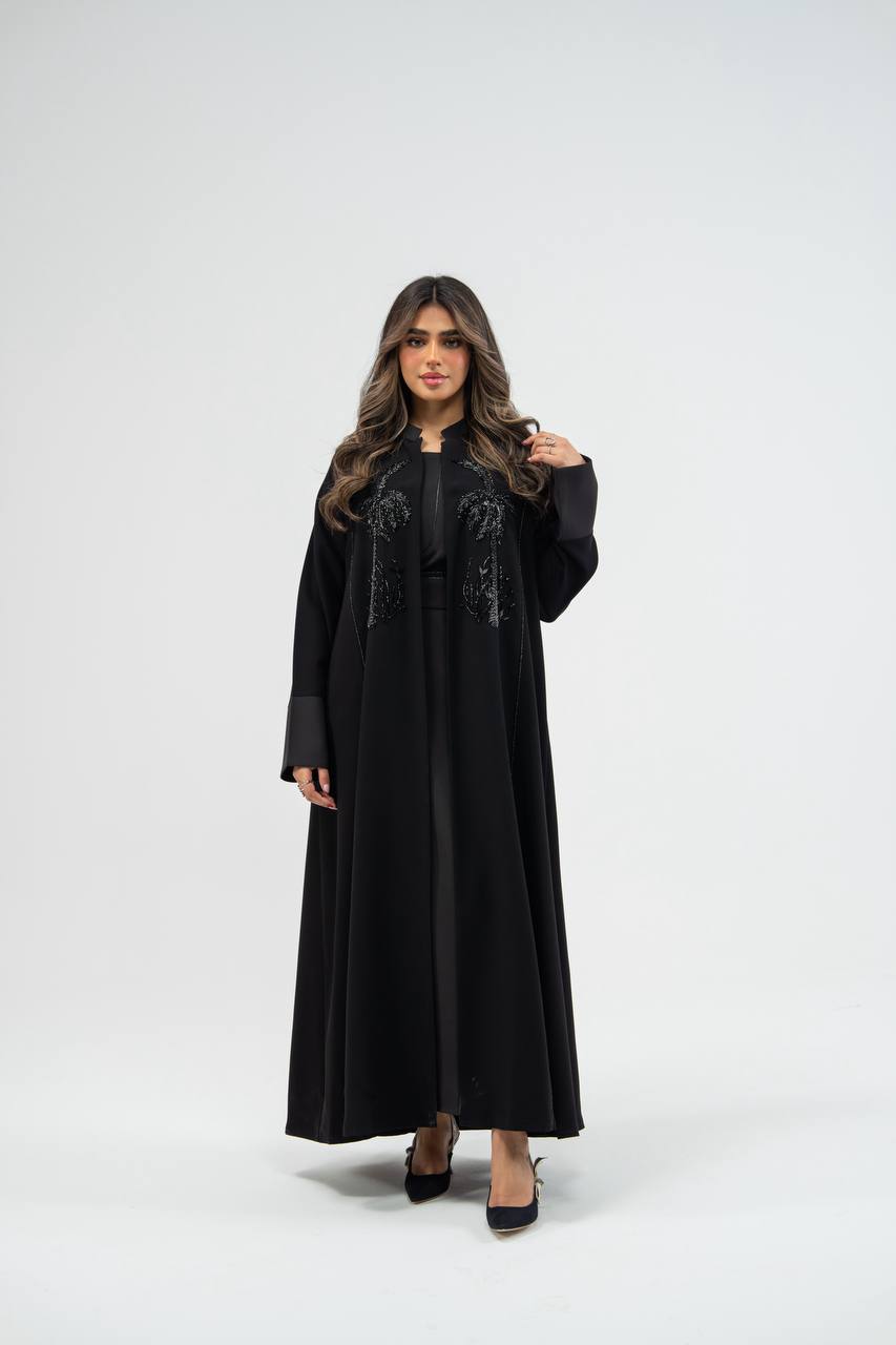 Black crepe abaya with hand-stitched details