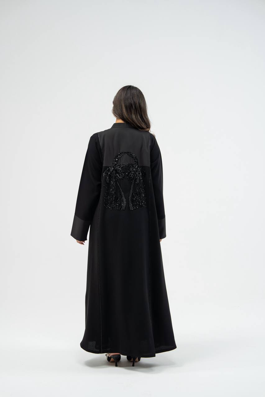 Black crepe abaya with hand-stitched details