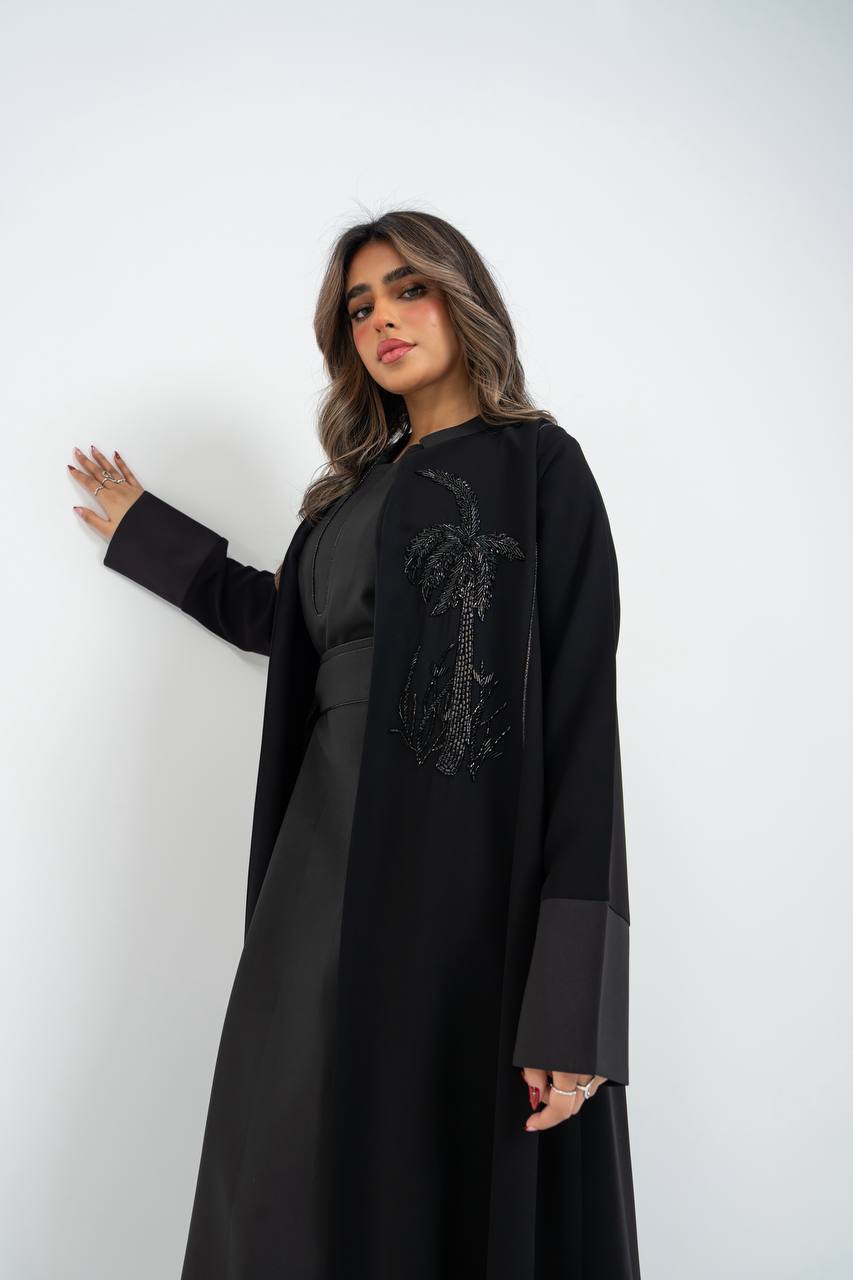 Black crepe abaya with hand-stitched details