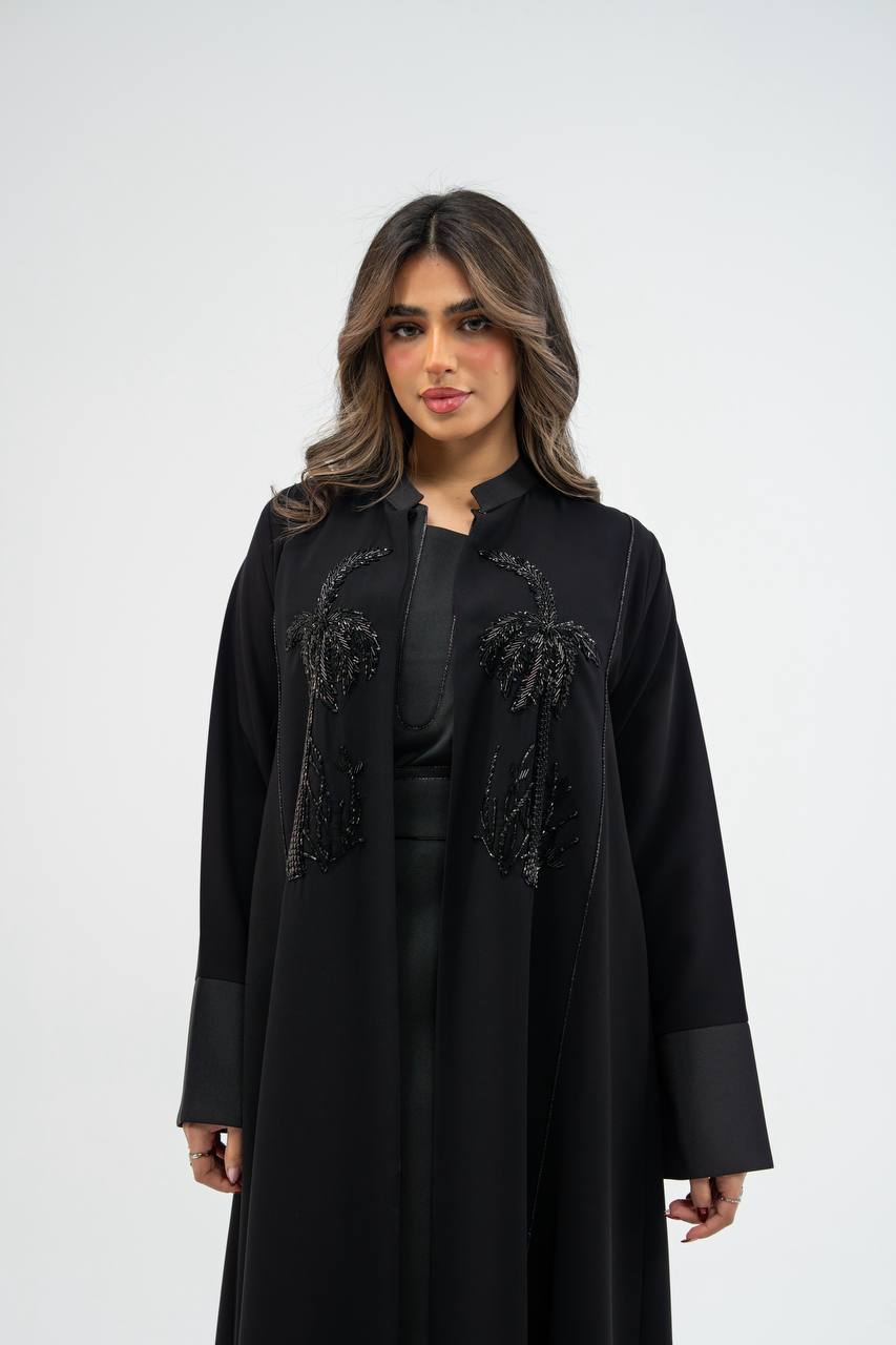 Black crepe abaya with hand-stitched details