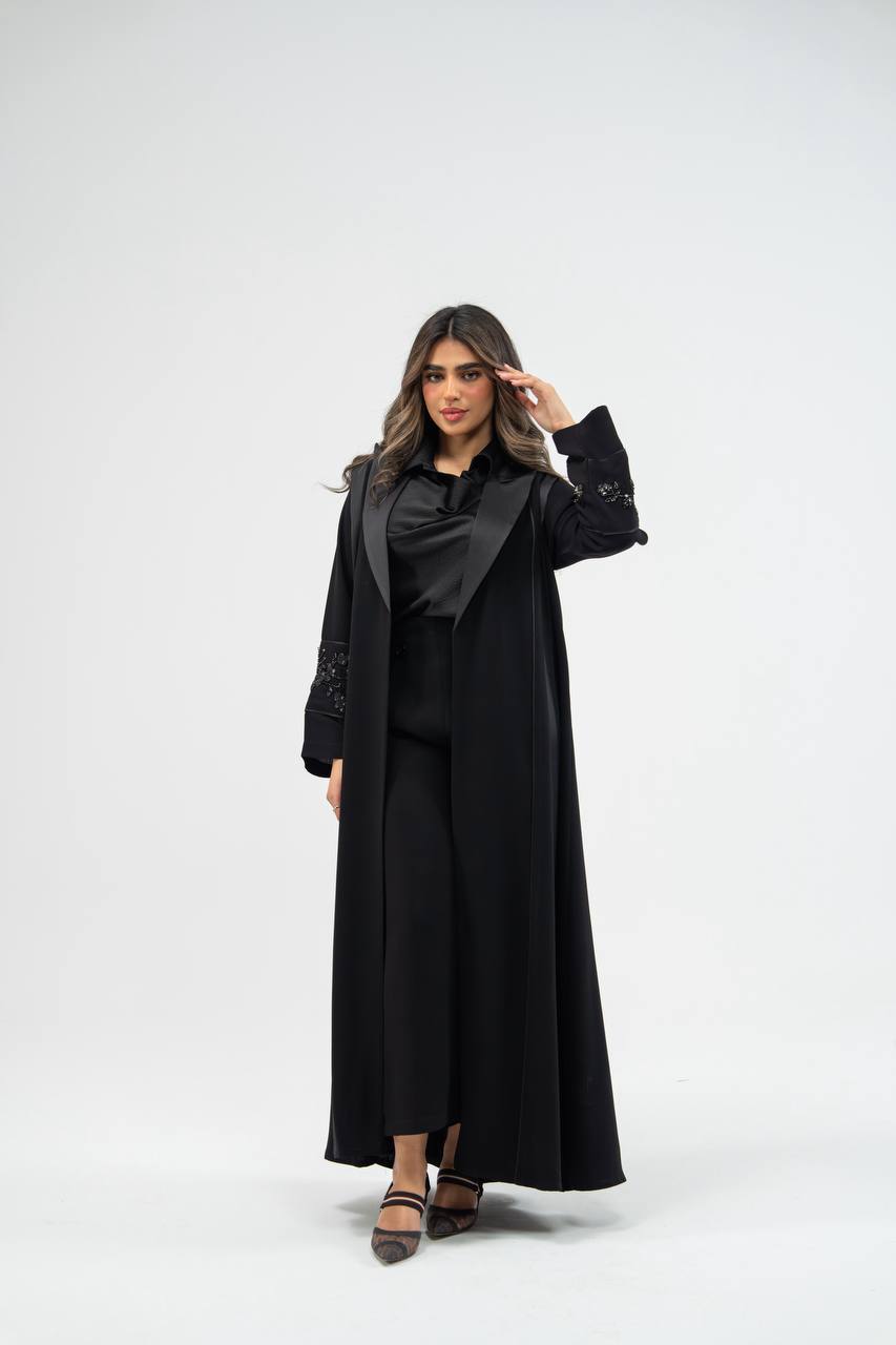 Black crepe fabric abaya with satin