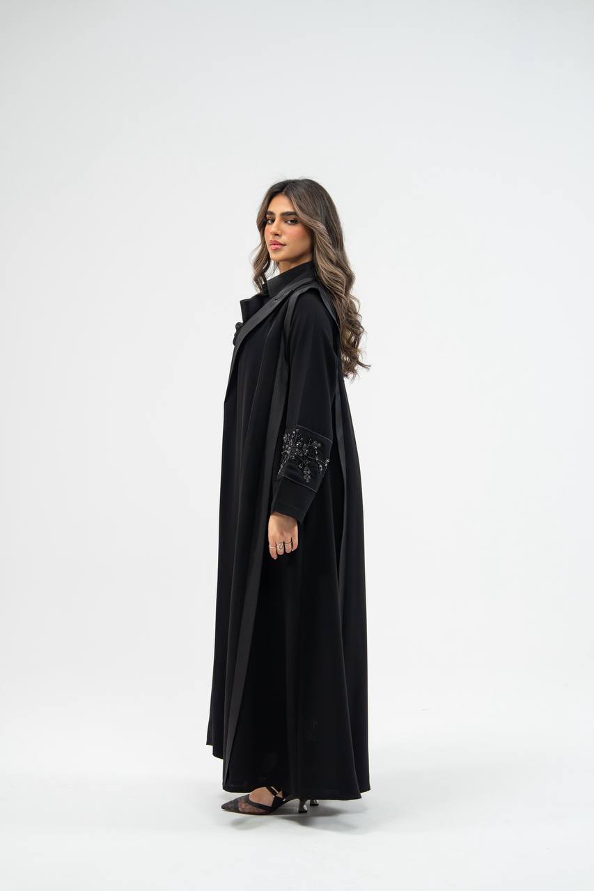 Black crepe fabric abaya with satin