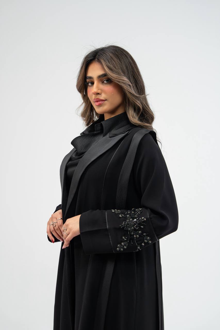 Black crepe fabric abaya with satin