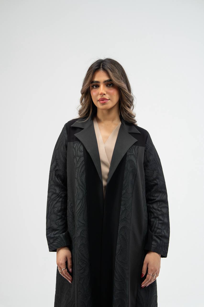 Black crepe abaya with jacquard detailing