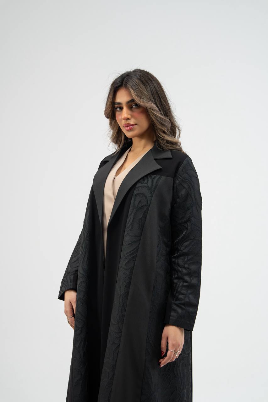 Black crepe abaya with jacquard detailing