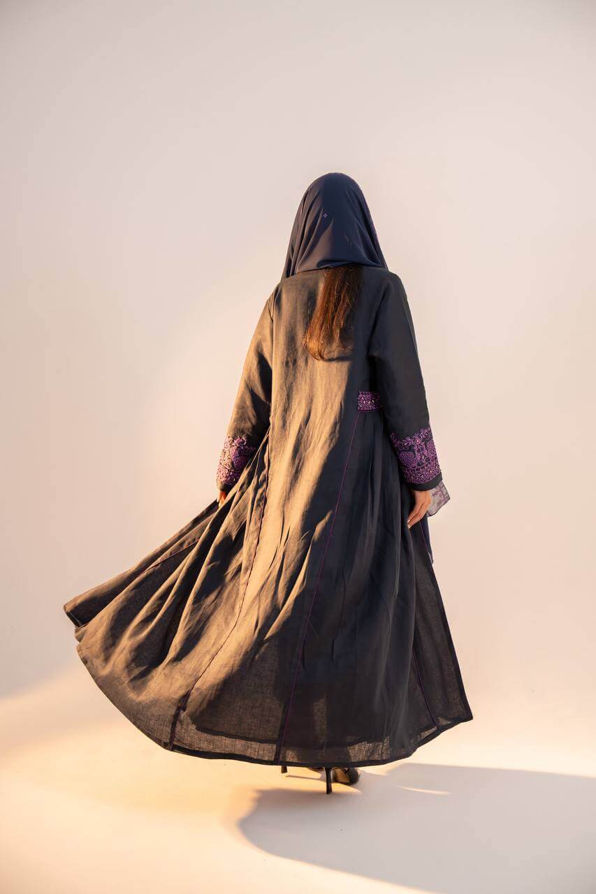 Navy blue linen abaya with purple embroidery