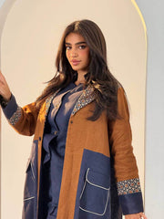 Camel and navy linen abaya with embroidery