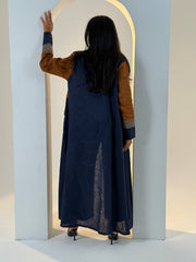Camel and navy linen abaya with embroidery