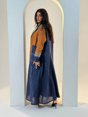 Camel and navy linen abaya with embroidery