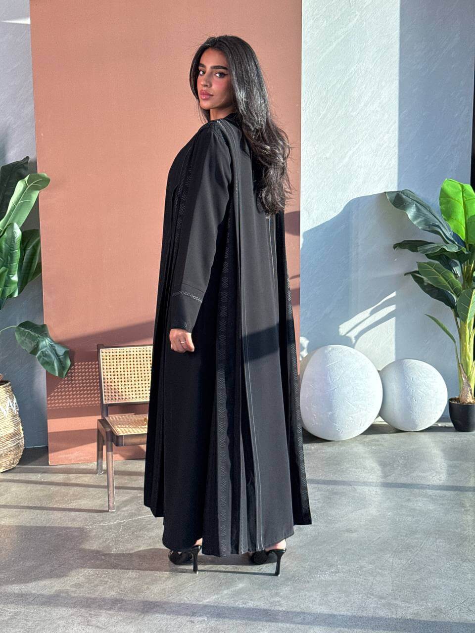 Black crepe abaya set with a blouse and pants