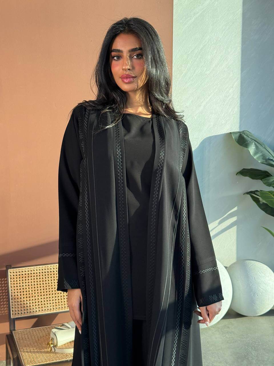 Black crepe abaya set with a blouse and pants
