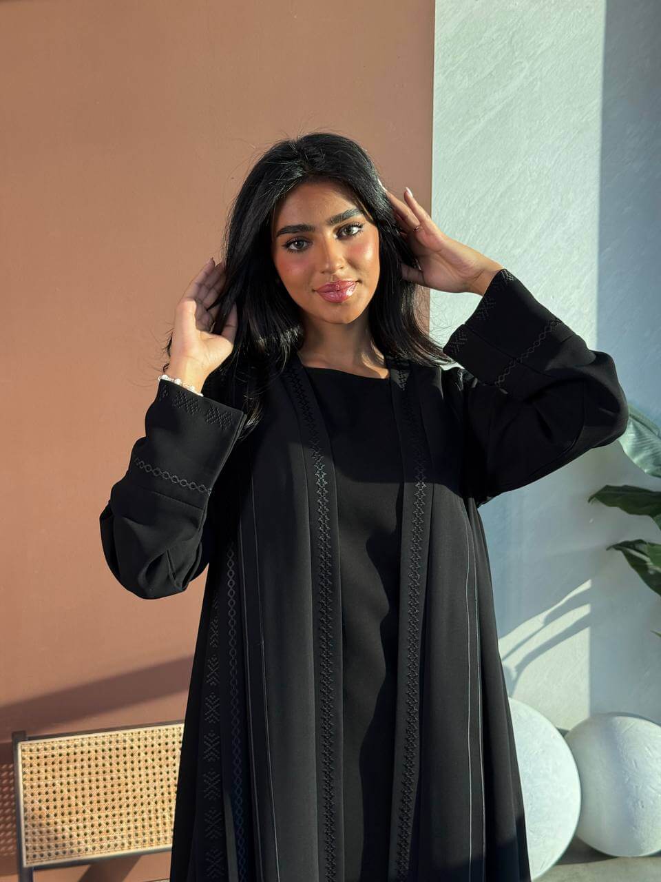 Black crepe abaya set with a blouse and pants