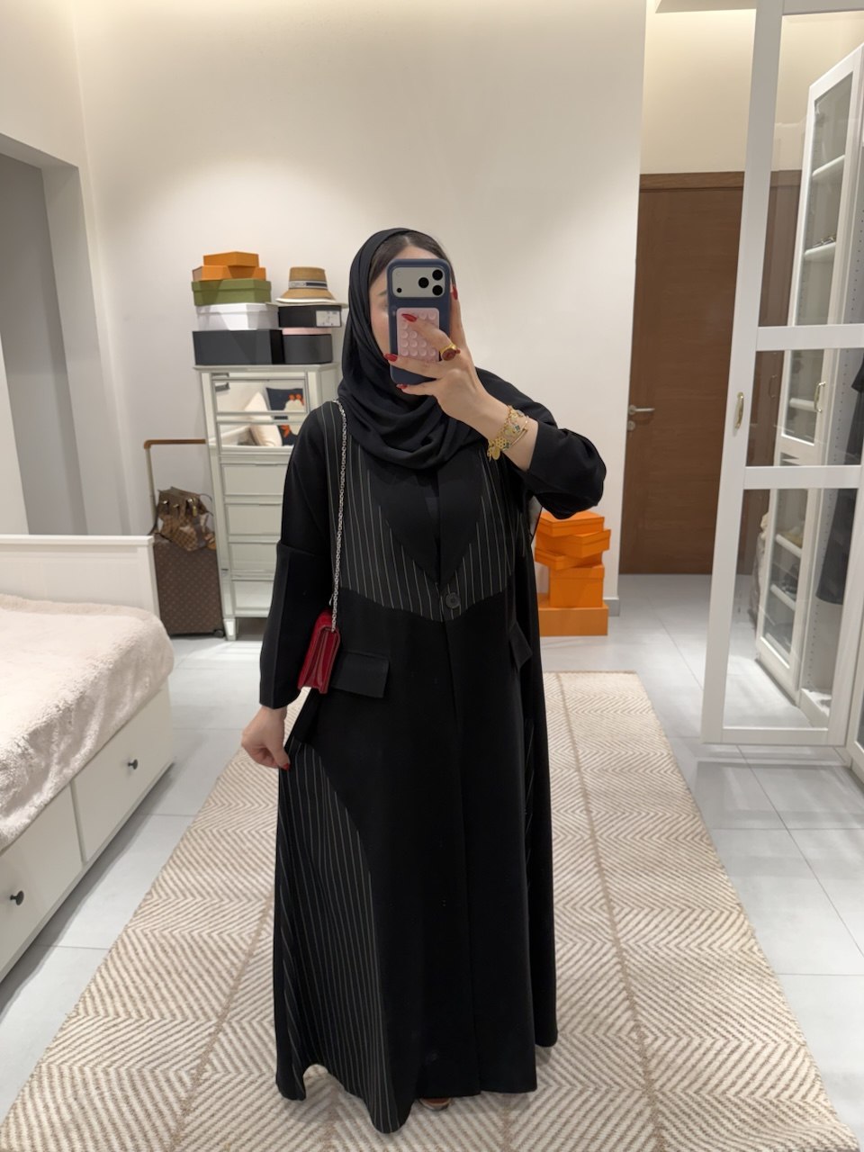 Black Crepe Abaya with Striped Trim – 2085