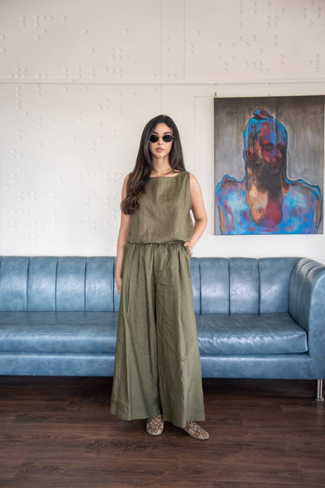 Green linen blouse and pants set