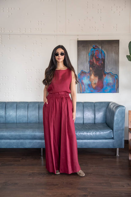 Red linen blouse and pants set