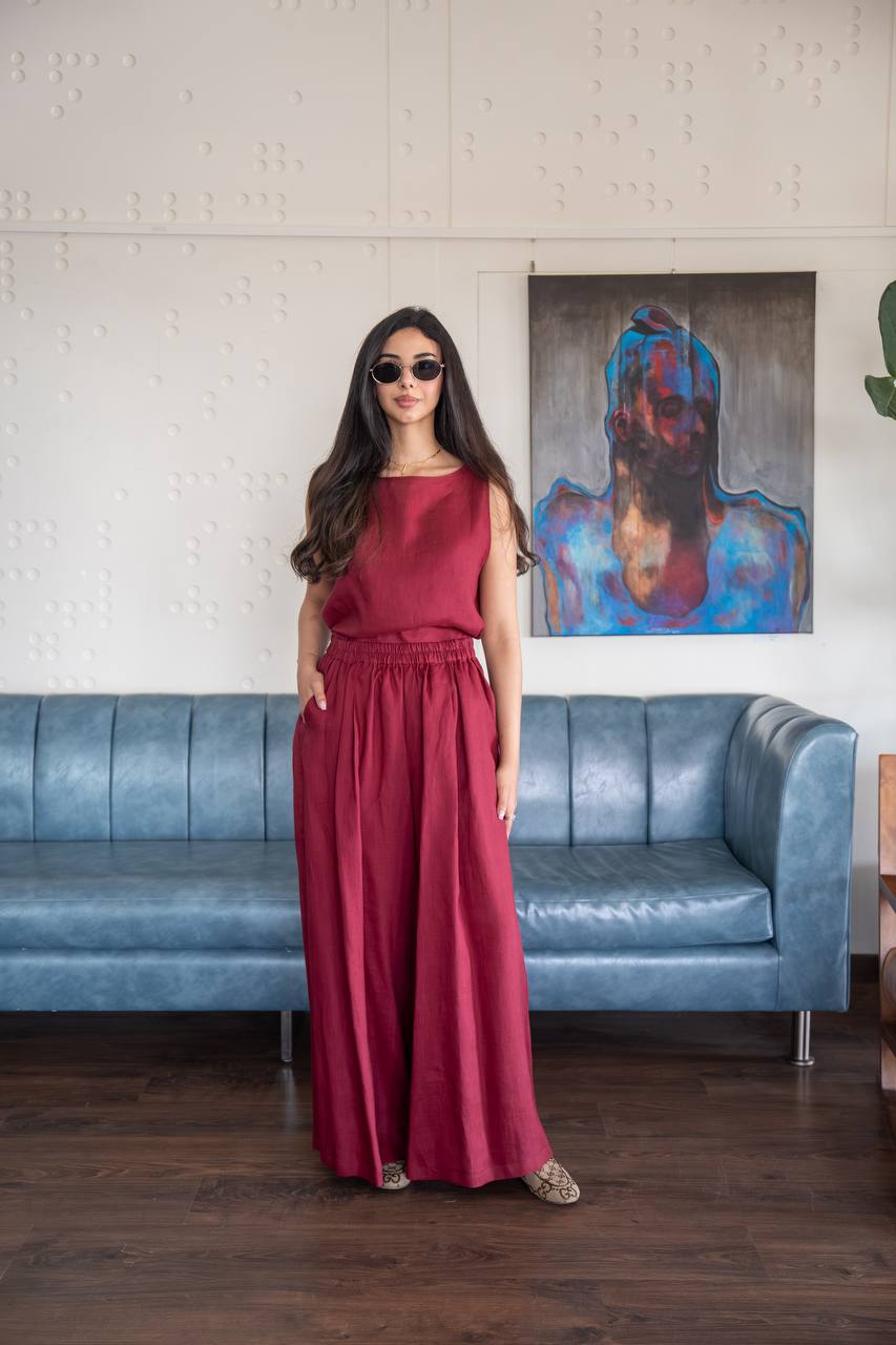 Red linen blouse and pants set