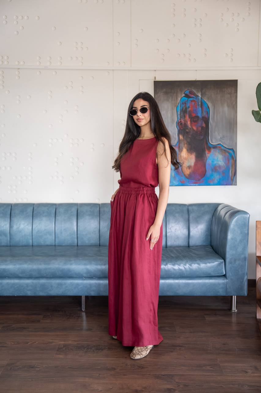 Red linen blouse and pants set