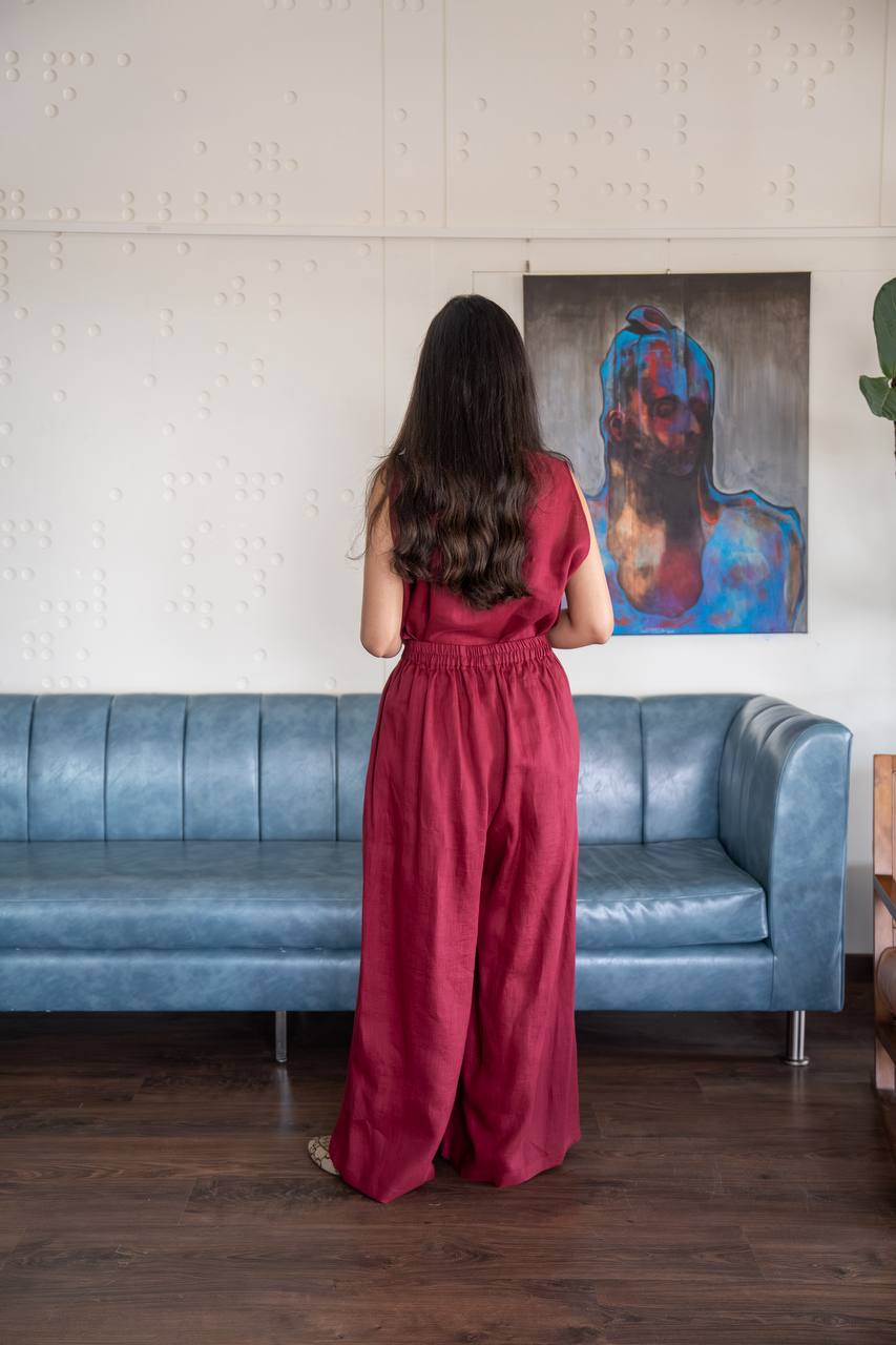 Red linen blouse and pants set