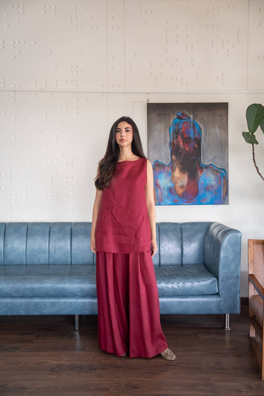 Red linen blouse and pants set