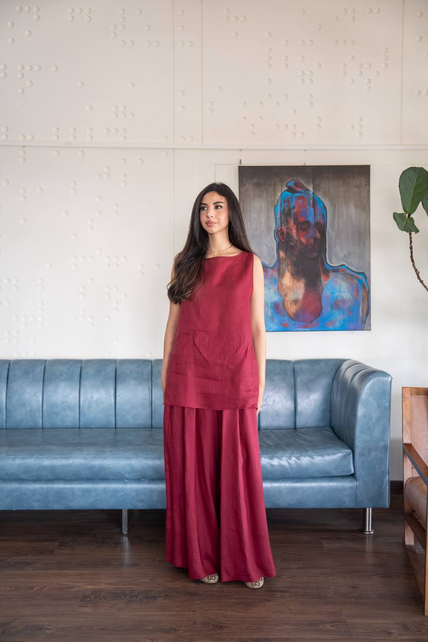 Red linen blouse and pants set