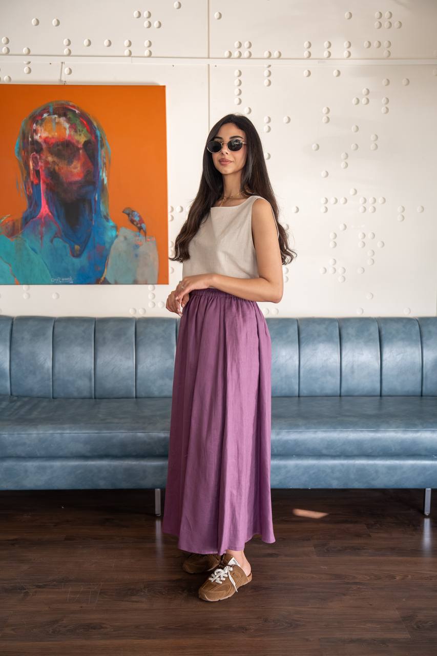 Beige blouse and purple skirt set in linen fabric