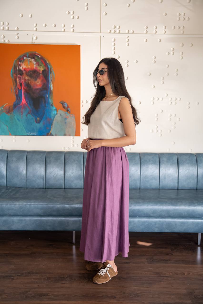 Beige blouse and purple skirt set in linen fabric