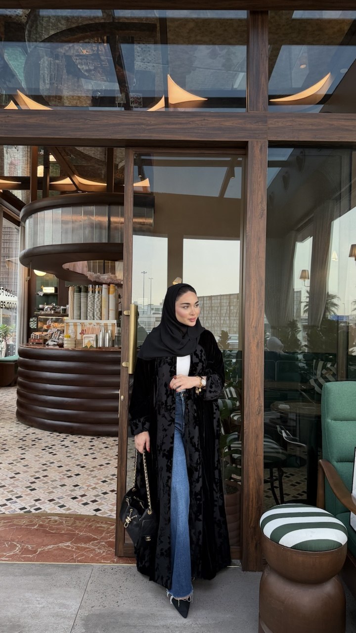 Black Velvet Abaya with Chiffon Floral Details –2080